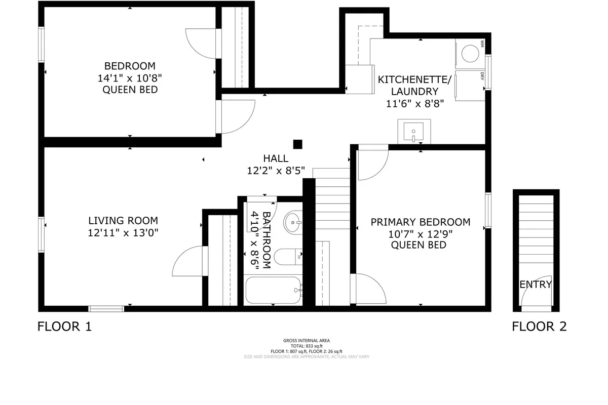 A wide-angle view capturing the living room's seamless connection to the primary bedroom, kitchenette/laundry, and bathroom. The setup emphasizes shared spaces conducive to relaxing, cooking, and socializing.